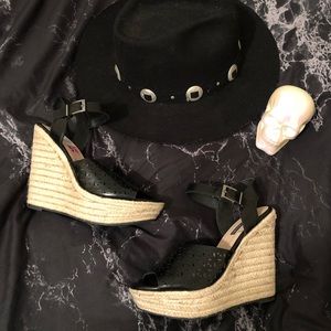 Black Rivet Emily perforated faux leather wedges